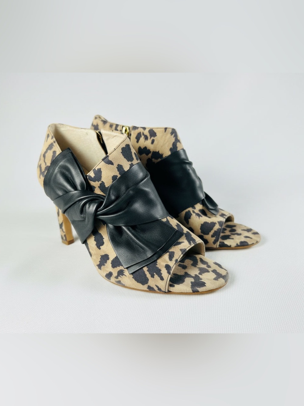 Leopard Print Peep-Toe Heels with Black Bow Accent - Picture 2 of 15
